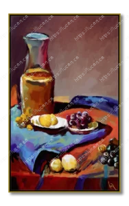 "Carafe, vin et fruits" Une nature morte captivante qui entrelace habilement les éléments d'une carafe à vin et un assortiment de fruits. Cette composition équilibrée aux teintes vibrantes et aux textures délicates combine la sensation traditionnelle d'une nature morte classique avec la touche moderne de la peinture acrylique numérique. Les détails méticuleux et la palette de couleurs riches imprègnent l'œuvre d'un sens de profondeur et de réalisme, invitant les spectateurs à apprécier les subtilités dans la courbure de la carafe en verre, les surfaces scintillantes des fruits et l'interaction des ombres et des lumières.