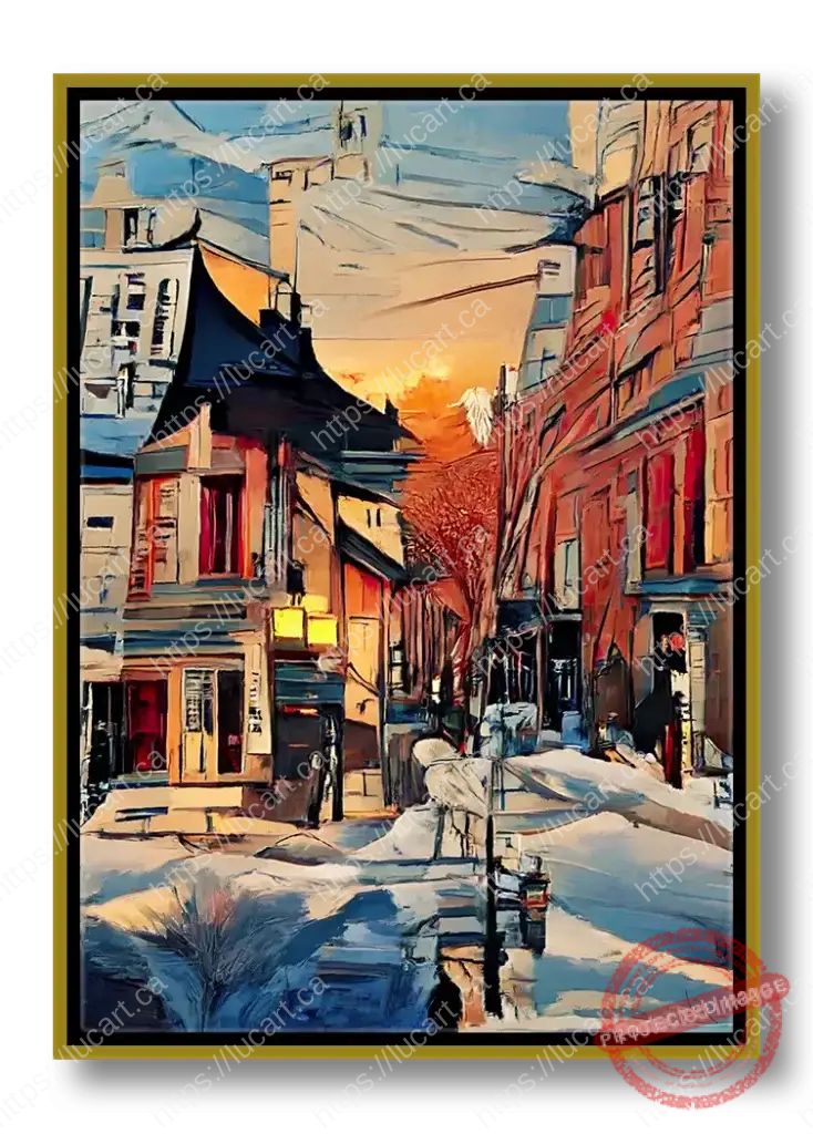 Paysage urbain inspiré des rues du vieux Québec avec couché de soleil en hiver