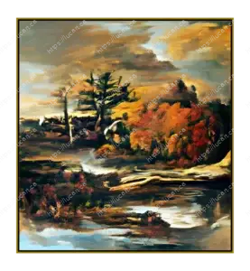 Peinture de paysage abstrait de style baroque représentant une scène d'automne avec des arbres aux couleurs chaudes, un ruisseau ou une étendue d'eau. Tons de terre, or et rouille, au format 24”x24” pouces - 61cm x 61cm daté 2024