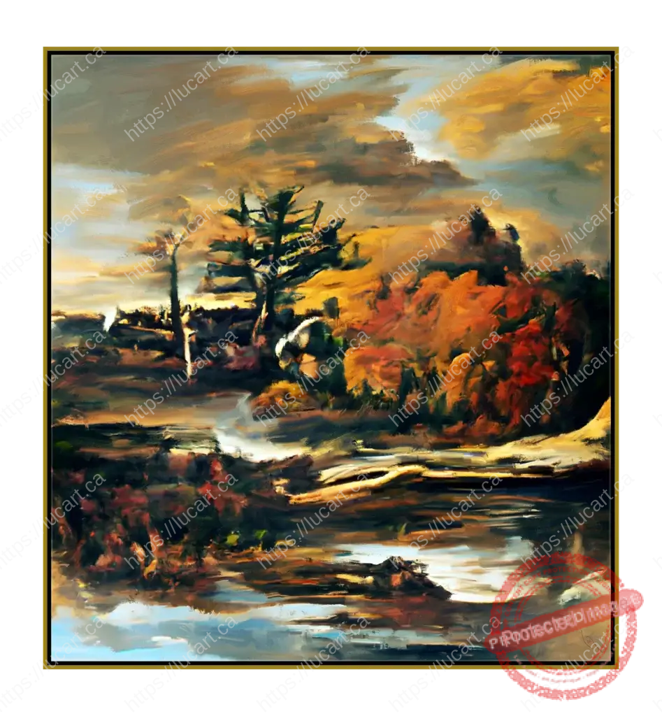Peinture de paysage abstrait de style baroque représentant une scène d'automne avec des arbres aux couleurs chaudes, un ruisseau ou une étendue d'eau. Tons de terre, or et rouille, au format 24”x24” pouces - 61cm x 61cm daté 2024