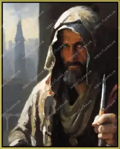 Portrait d'un homme de l'époque médiéval au regard perçant avec en arrière plan des édifices de l'époque