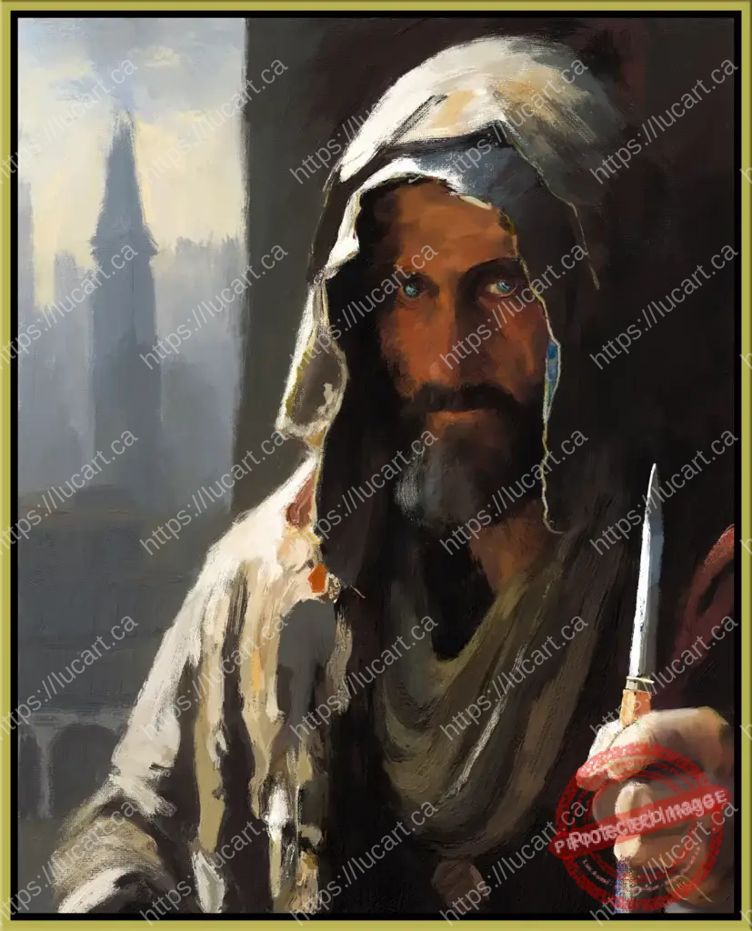 Portrait d'un homme de l'époque médiéval au regard perçant avec en arrière plan des édifices de l'époque