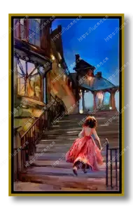 Peinture fantastique d'une jeune femme en robe rose montant un escalier illuminé la nuit. Format 16”x20” pouces- 41 x 51 cm, inspirée du conte pour enfant Cendrillon