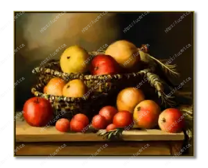 Nature morte de fruits et de légumes du verger sur une table de bois éclairée par un rayon de soleil
