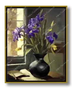 Bouquet d'iris bleu dans un vase près d'une fenêtre aux lumières printanières