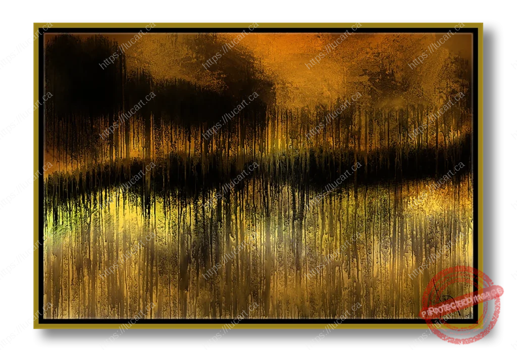 Tableau abstrait horizontal aux tons or, jaune et noir. Coups de pinceau avec des effets de coulure et de dégradé, suggérant un paysage en feu ou un coucher de soleil sombre. Art contemporain.