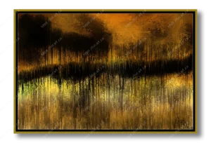 Tableau abstrait horizontal aux tons or, jaune et noir. Coups de pinceau avec des effets de coulure et de dégradé, suggérant un paysage en feu ou un coucher de soleil sombre. Art contemporain.