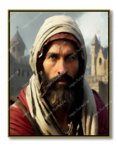 Portrait d'un homme médiéval ou moyen-oriental avec une barbe noire et un turban blanc, regardant intensément. Peinture à l'acrylique avec un fond de ville médiévale. Format 16”x20” - 41 x 51 cm, datée de 2024