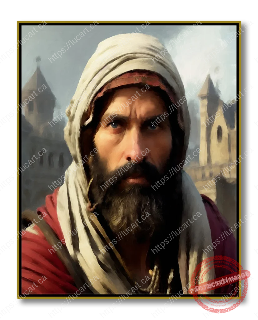 Portrait d'un homme médiéval ou moyen-oriental avec une barbe noire et un turban blanc, regardant intensément. Peinture à l'acrylique avec un fond de ville médiévale. Format 16”x20” - 41 x 51 cm, datée de 2024