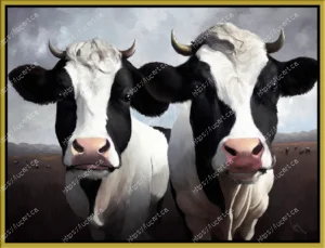 Deux vaches Holstein noir et blanc avec cornes et museaux roses. Art animalier aux formats de 30”x24” - 76 x 61 cm, datée de 2025