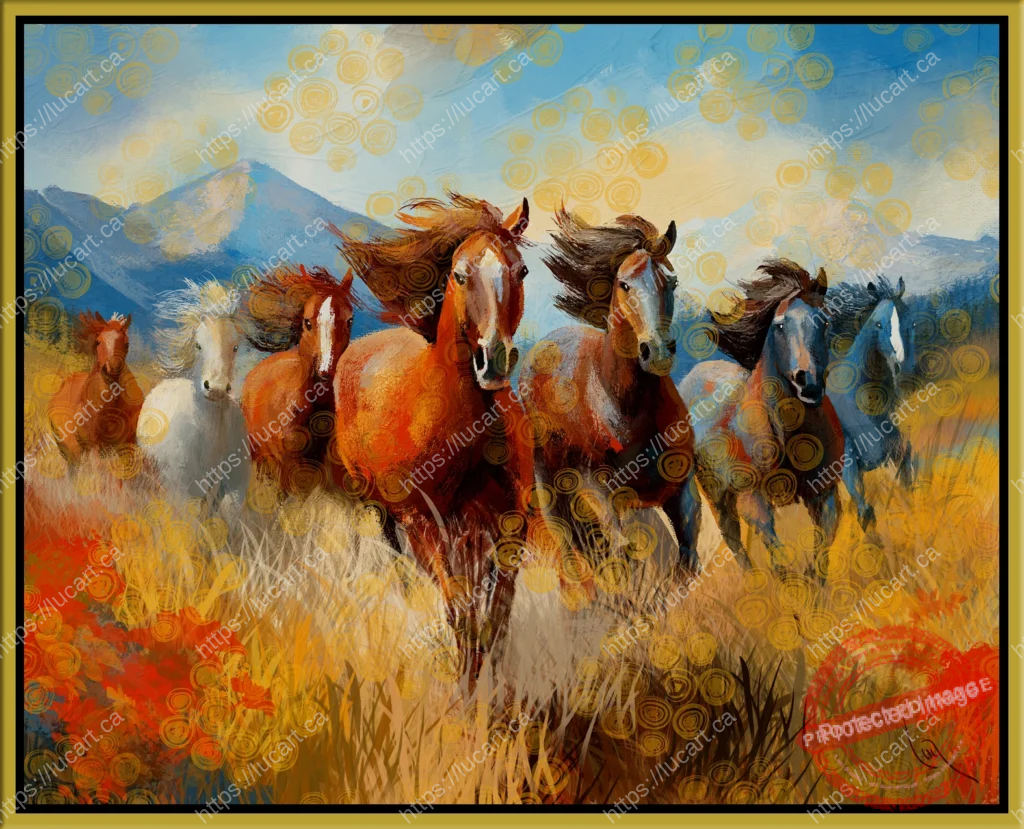 Troupeau de sept chevaux sauvages galopant au premier plan à travers une prairie d'herbes hautes et dorées, avec des montagnes bleues et un ciel nuageux en arrière-plan. Les chevaux ont des robes rousses, blanches et bleutées.