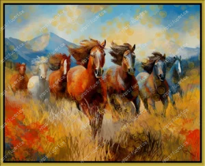 Troupeau de sept chevaux sauvages galopant au premier plan à travers une prairie d'herbes hautes et dorées, avec des montagnes bleues et un ciel nuageux en arrière-plan. Les chevaux ont des robes rousses, blanches et bleutées.