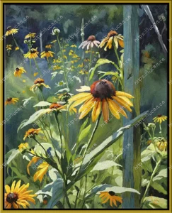 Tableau de Rudbeckias jaunes (Black-Eyed Susans) en fleurs dans un jardin ensoleillé. Peinture à l'acrylique de fleurs sauvages, art botanique au format 24” x 30” - 61 x 76 cm