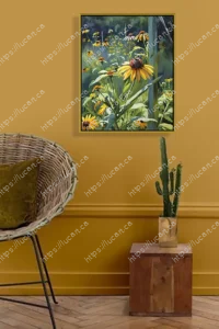 Tableau vertical de Rudbeckias jaunes (Black-Eyed Susans) encadré d'or. Accroché sur un mur jaune moutarde au-dessus d'une chaise en rotin et d'un cactus, décor d'intérieur vintage.