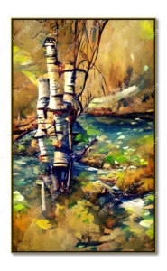 Paysage d'une talle de bouleaux près d'un ruisseau, très coloré