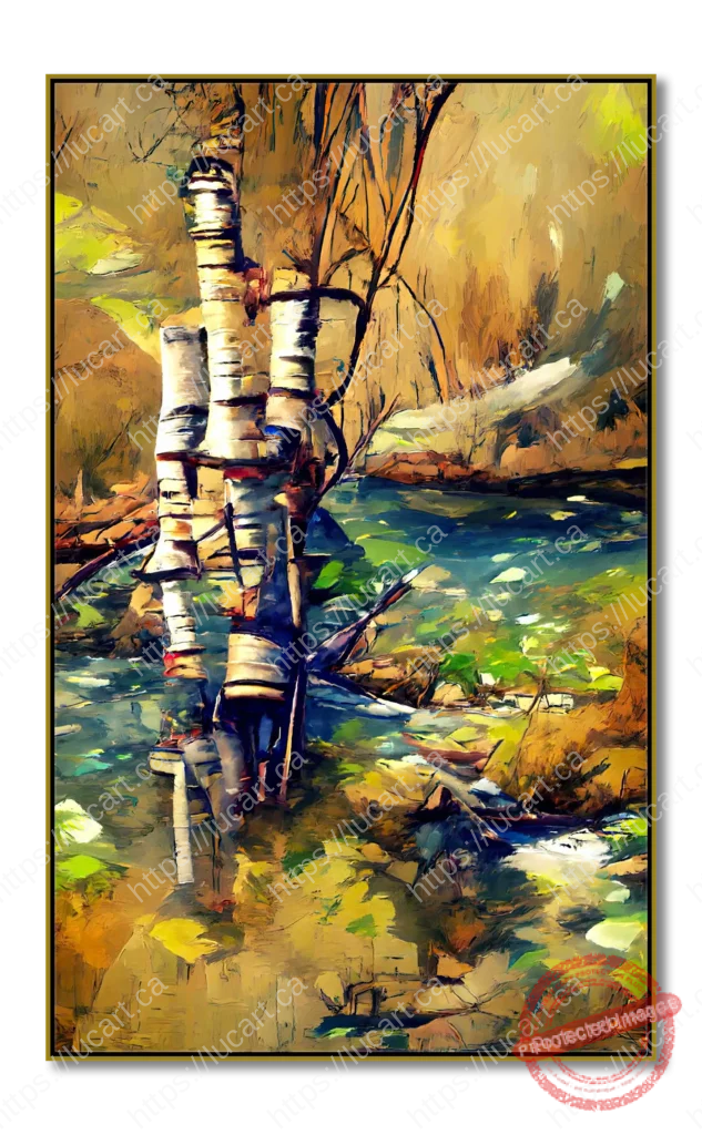 Paysage d'une talle de bouleaux près d'un ruisseau, très coloré