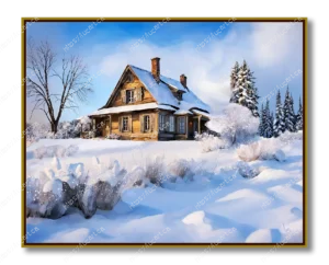 Vieille maison rustique en bois recouverte de neige, entourée de buissons givrés et d'arbres nus, sous un ciel d'hiver lumineux.