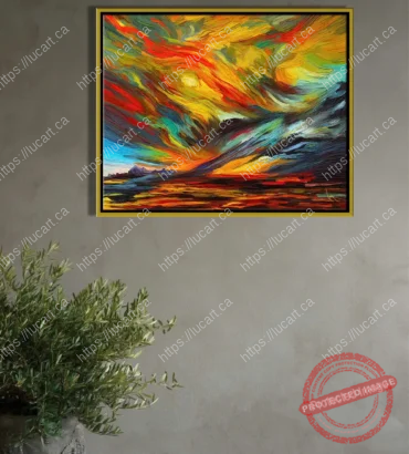 Couleurs vives de coucher de soleil ou d'équinoxe d'automne, avec des coups de pinceau tourbillonnants. Cadre doré sur un mur en béton gris.