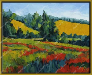 Paysage, art, tableau, saison, été, très coloré, décor salon, peinture à l'acrylique, paysage minimaliste daté de 2025