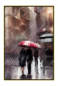 Cityscape depicting people in the rain with red striped umbrellas