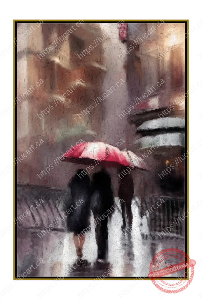 Cityscape depicting people in the rain with red striped umbrellas