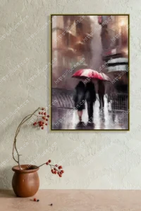 tableau acrylique, décor, installation, salon, bureau, sous la pluie, personnages