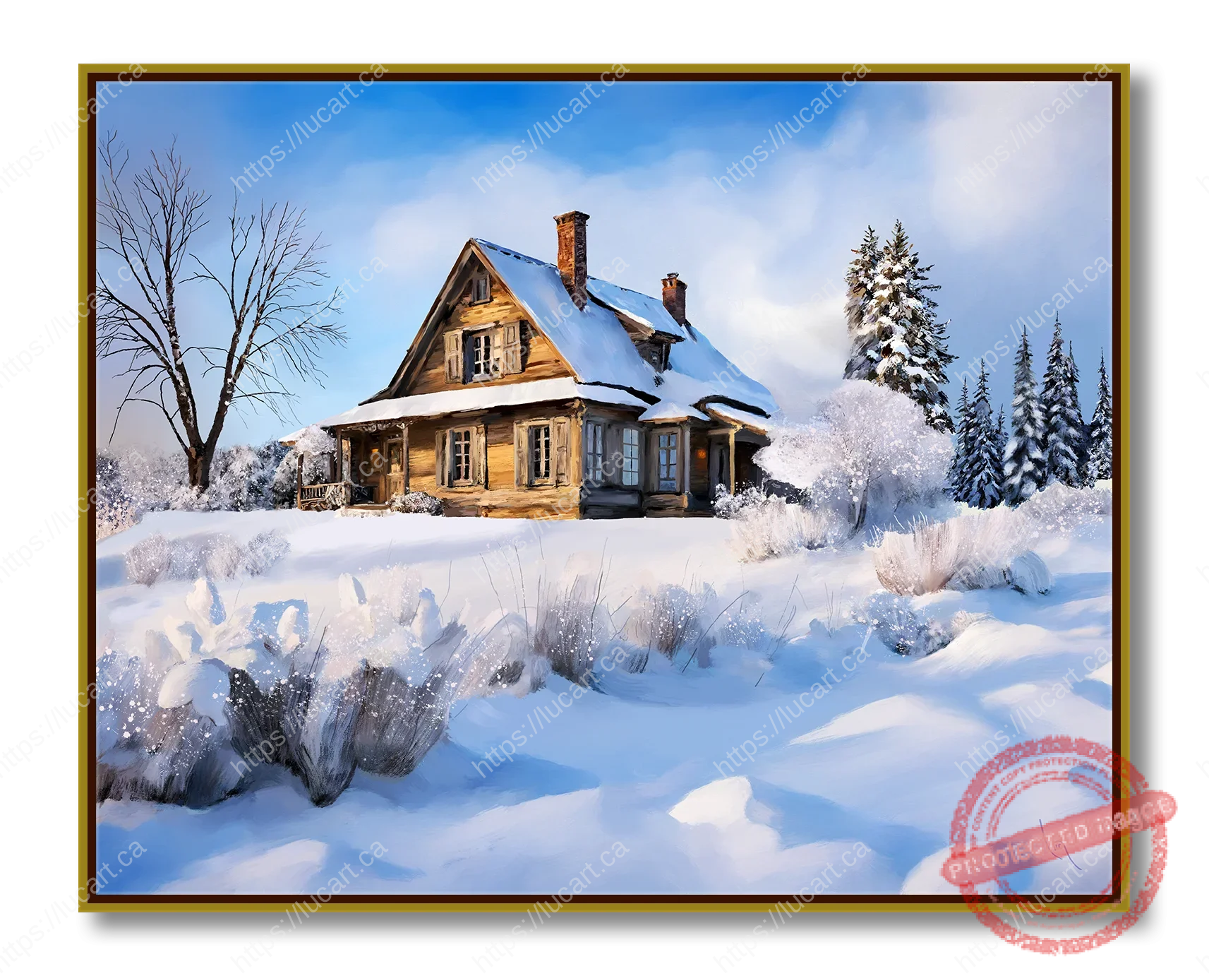 Vieille maison rustique en bois recouverte de neige, entourée de buissons givrés et d'arbres nus, sous un ciel d'hiver lumineux.